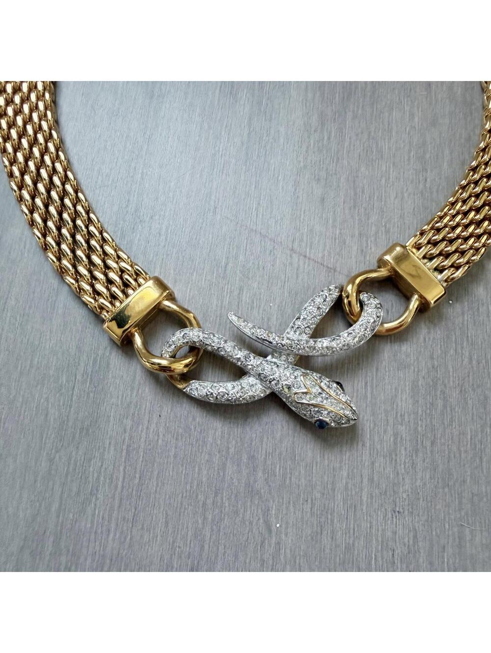 Vintage Gold Tone | Rhinestone Snake Chain Necklace - Picture 4 of 10